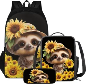Poceacles Sloth Sunflower Print Backpack for School Girls with Lunch Box Cute Bookbag for School Kids Book Bag Elementary Middle School Back Pack 1st 2nd 3rd 4th 5th Grade Student