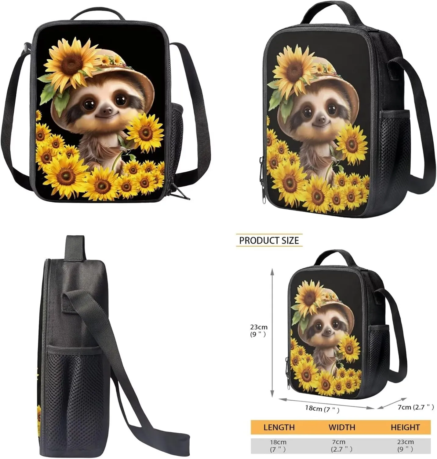 Poceacles Sloth Sunflower Print Backpack for School Girls with Lunch Box Cute Bookbag for School Kids Book Bag Elementary Middle School Back Pack 1st 2nd 3rd 4th 5th Grade Student