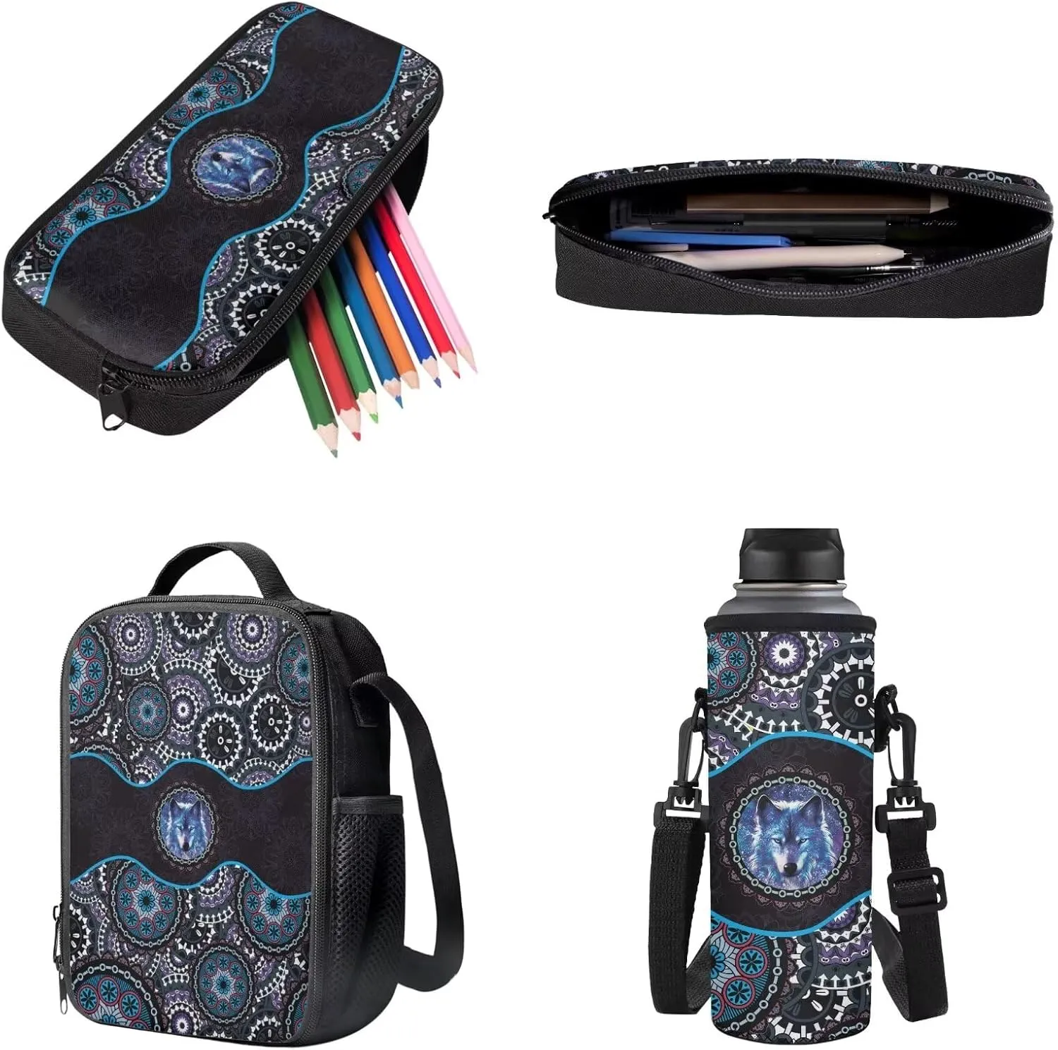Poceacles Student Backpack Set for School Travel, 4-Piece Sets Including Lightweight Rucksack with Adjustable Shoulder Straps, Lunch Bag, Pencil Case, Bottle Bag, Boho Wolf Blue Violet