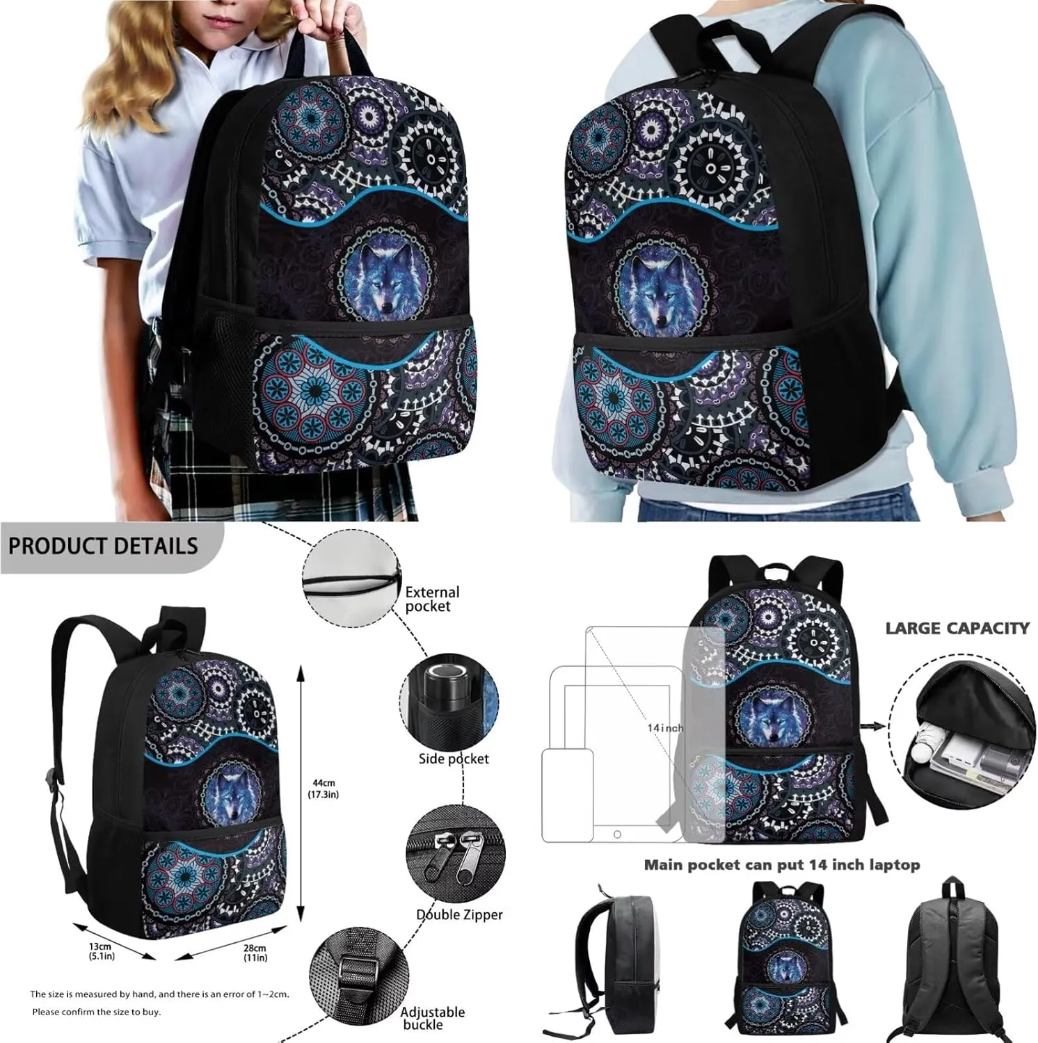 Poceacles Student Backpack Set for School Travel, 4-Piece Sets Including Lightweight Rucksack with Adjustable Shoulder Straps, Lunch Bag, Pencil Case, Bottle Bag, Boho Wolf Blue Violet