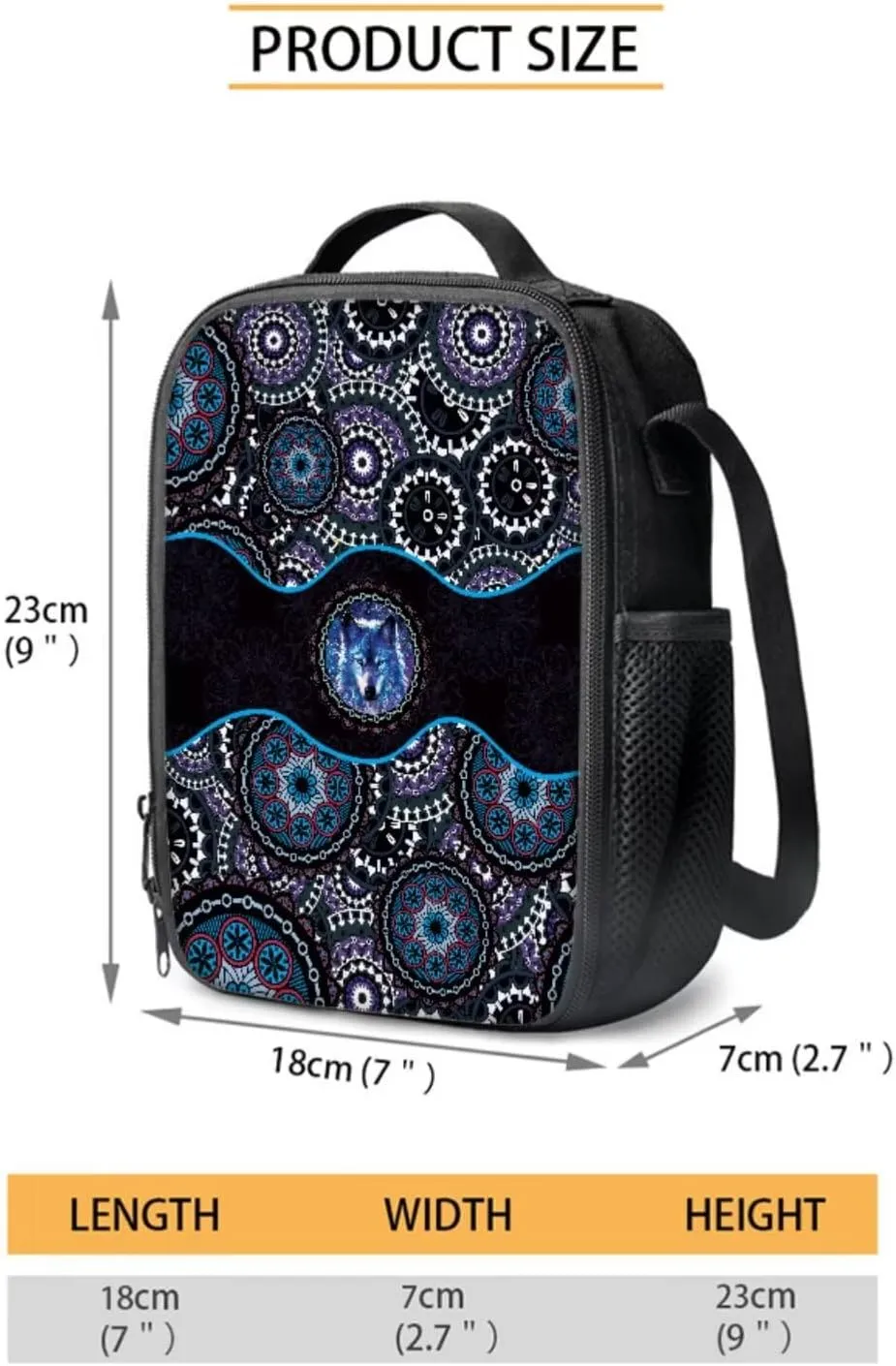 Poceacles Student Backpack Set for School Travel, 4-Piece Sets Including Lightweight Rucksack with Adjustable Shoulder Straps, Lunch Bag, Pencil Case, Bottle Bag, Boho Wolf Blue Violet
