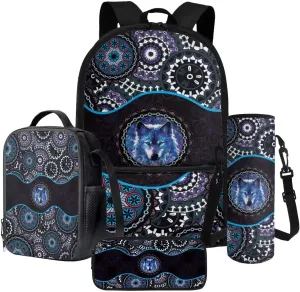Poceacles Student Backpack Set for School Travel, 4-Piece Sets Including Lightweight Rucksack with Adjustable Shoulder Straps, Lunch Bag, Pencil Case, Bottle Bag, Boho Wolf Blue Violet