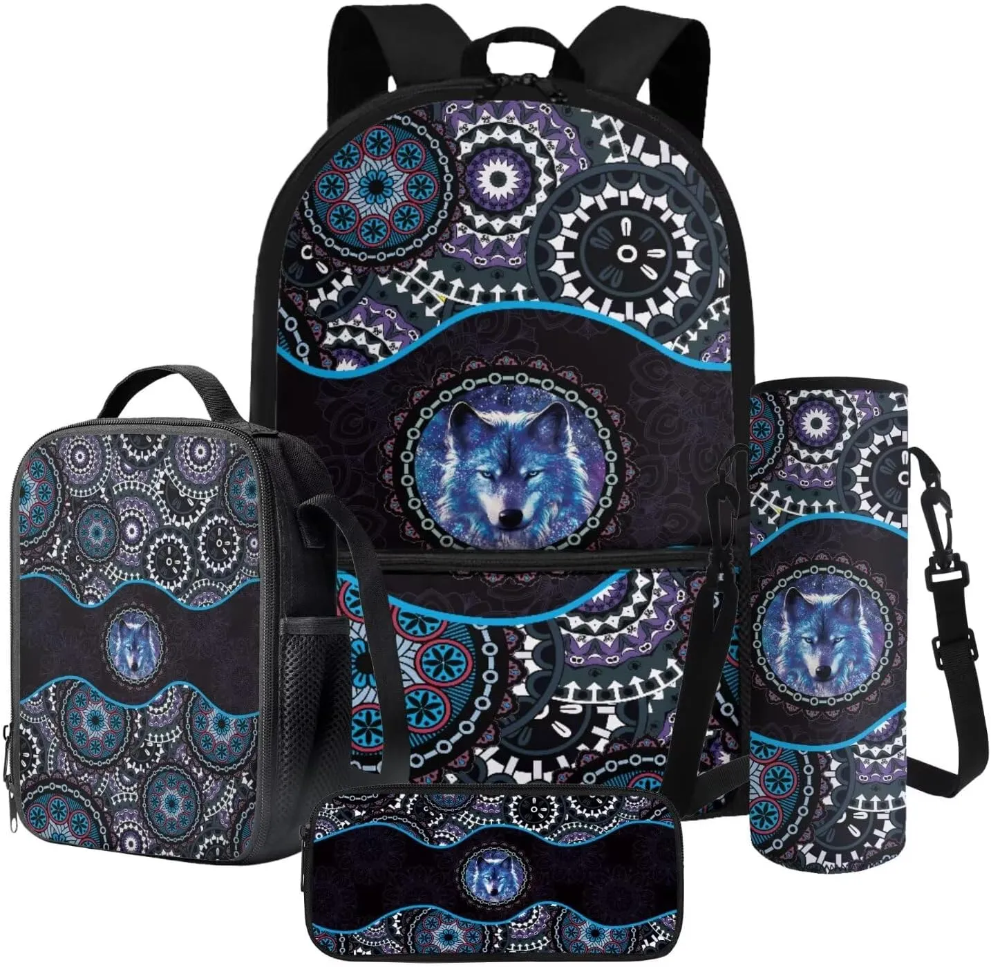 Poceacles Student Backpack Set for School Travel, 4-Piece Sets Including Lightweight Rucksack with Adjustable Shoulder Straps, Lunch Bag, Pencil Case, Bottle Bag, Boho Wolf Blue Violet
