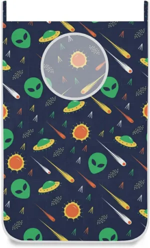 Poeticcity Green Alien, Comet, Star, Sun, Wars on Dark Hanging Laundry Hamper Bag, Dirty Clothes Bag Over The Door, Wall Cloth Basket with Hooks Storage Closet for Bathroom Bedroom