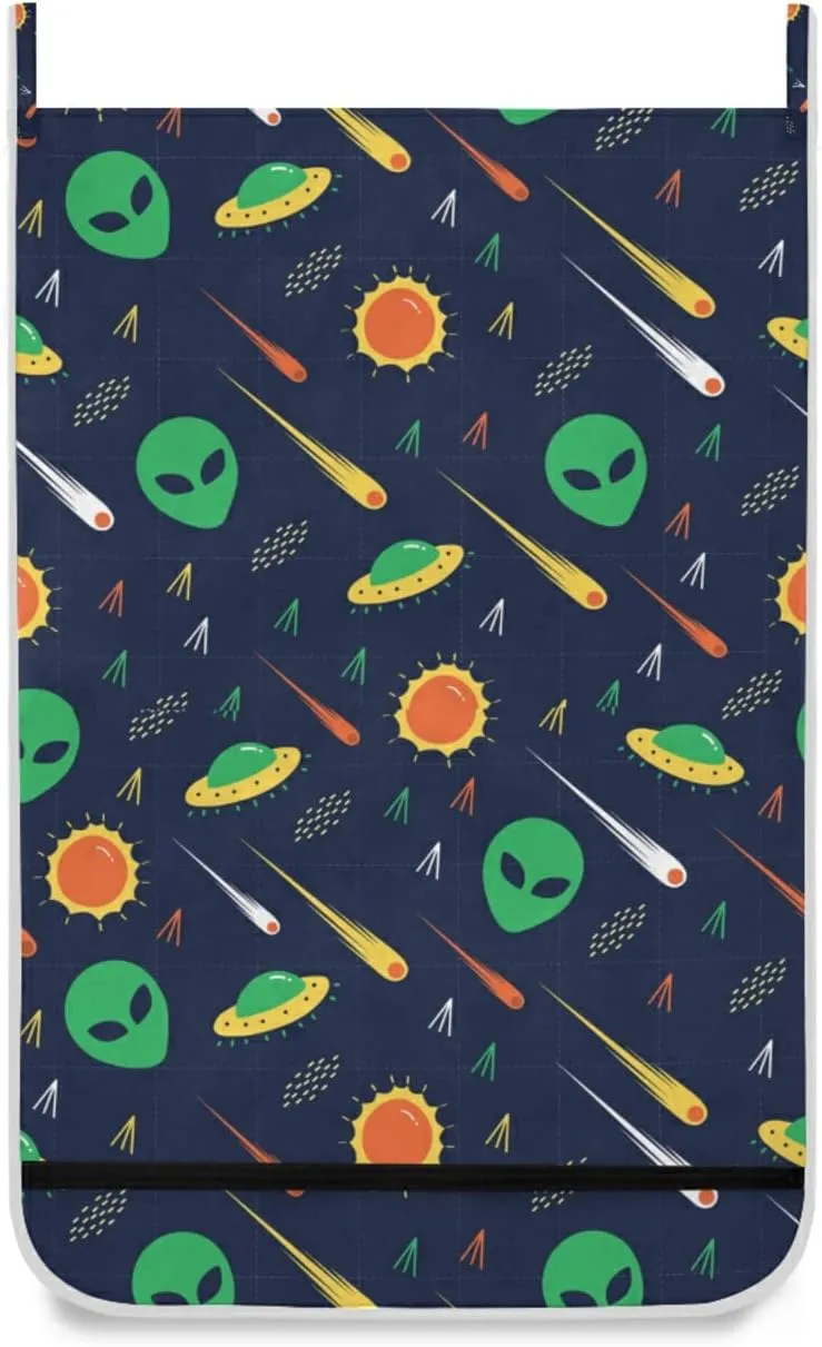 Poeticcity Green Alien, Comet, Star, Sun, Wars on Dark Hanging Laundry Hamper Bag, Dirty Clothes Bag Over The Door, Wall Cloth Basket with Hooks Storage Closet for Bathroom Bedroom