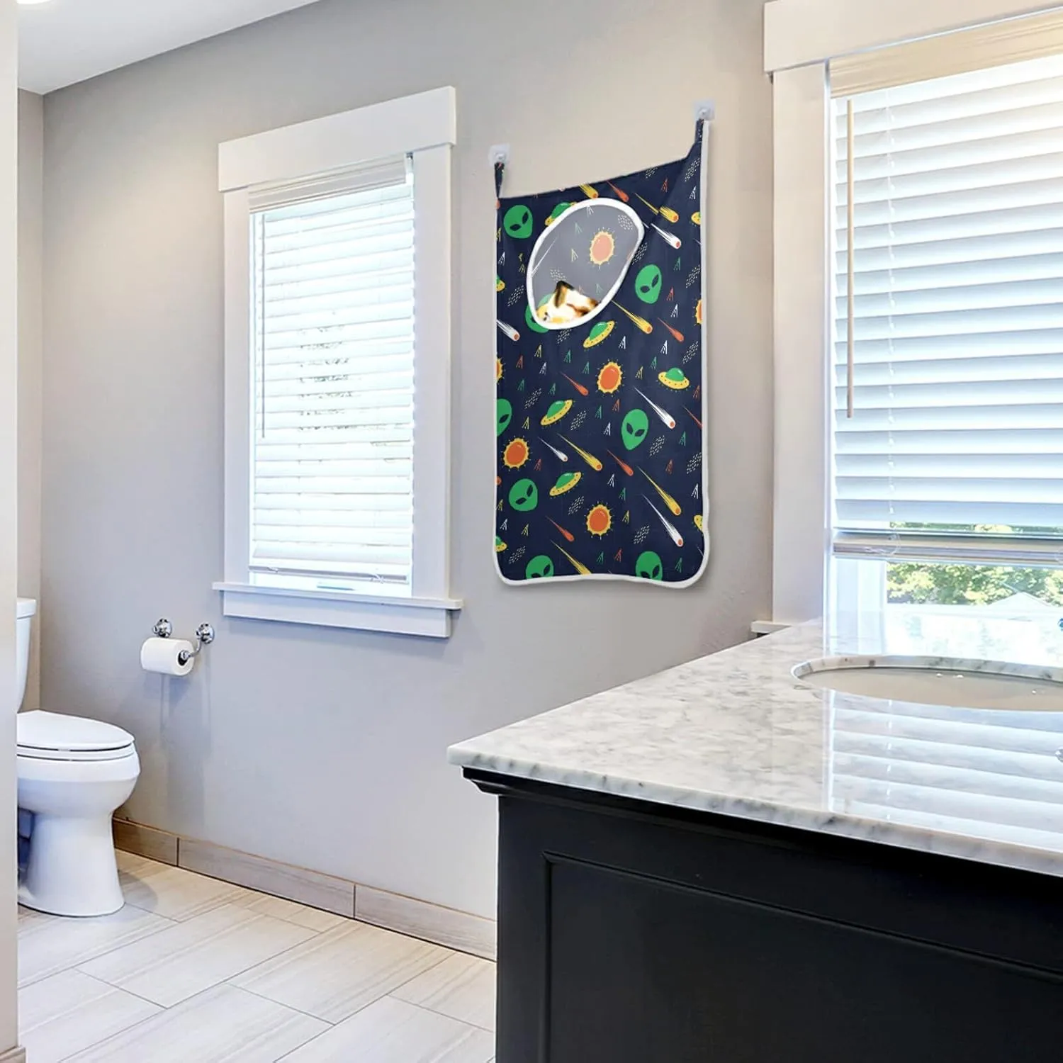 Poeticcity Green Alien, Comet, Star, Sun, Wars on Dark Hanging Laundry Hamper Bag, Dirty Clothes Bag Over The Door, Wall Cloth Basket with Hooks Storage Closet for Bathroom Bedroom