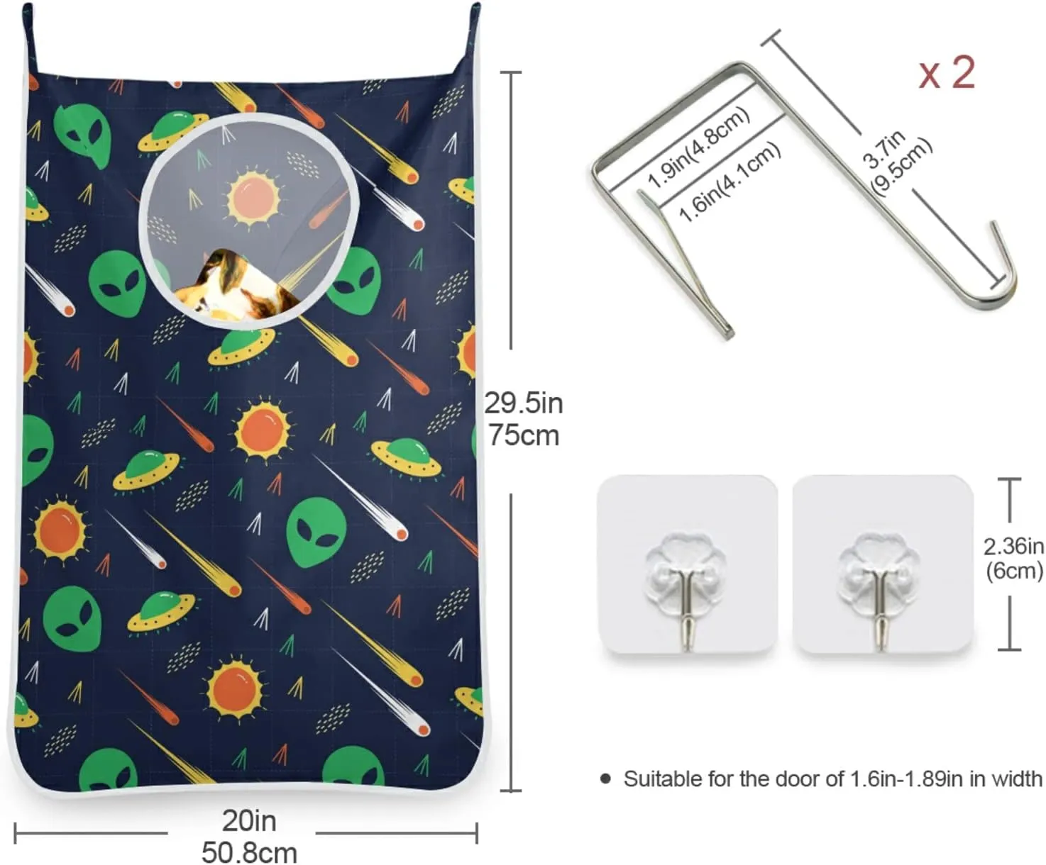 Poeticcity Green Alien, Comet, Star, Sun, Wars on Dark Hanging Laundry Hamper Bag, Dirty Clothes Bag Over The Door, Wall Cloth Basket with Hooks Storage Closet for Bathroom Bedroom