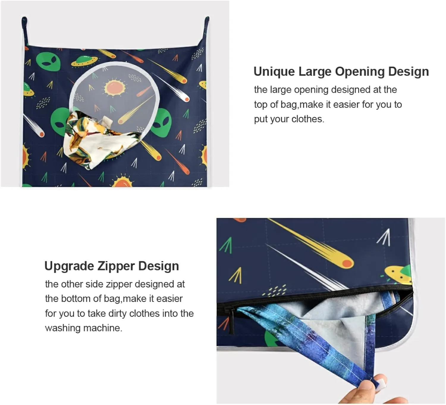 Poeticcity Green Alien, Comet, Star, Sun, Wars on Dark Hanging Laundry Hamper Bag, Dirty Clothes Bag Over The Door, Wall Cloth Basket with Hooks Storage Closet for Bathroom Bedroom