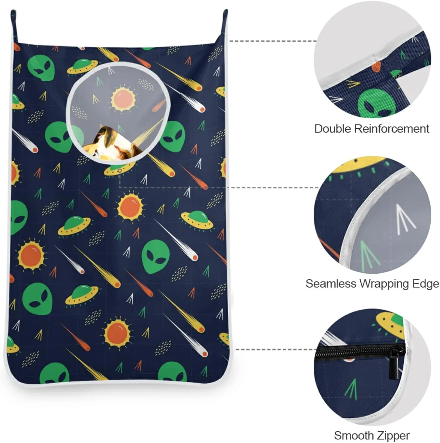 Poeticcity Green Alien, Comet, Star, Sun, Wars on Dark Hanging Laundry Hamper Bag, Dirty Clothes Bag Over The Door, Wall Cloth Basket with Hooks Storage Closet for Bathroom Bedroom