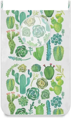 Poeticcity Green Watercolor Cactus and Succulent Set Seamless on White Hanging Laundry Hamper Bag, Dirty Clothes Bag Over The Door, Wall Cloth Basket with Hooks Storage Closet for Bathroom Bedroom