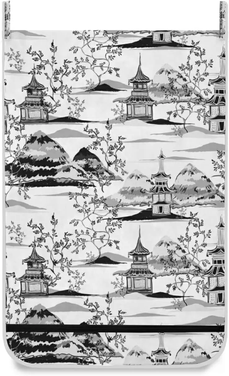 Poeticcity Seamless Black White Grey Doodle Cat Kitten Heads Animal Pets Hanging Laundry Hamper Bag, Dirty Clothes Bag Over The Door, Wall Cloth Basket with Hooks Storage Closet for Bathroom Bedroom