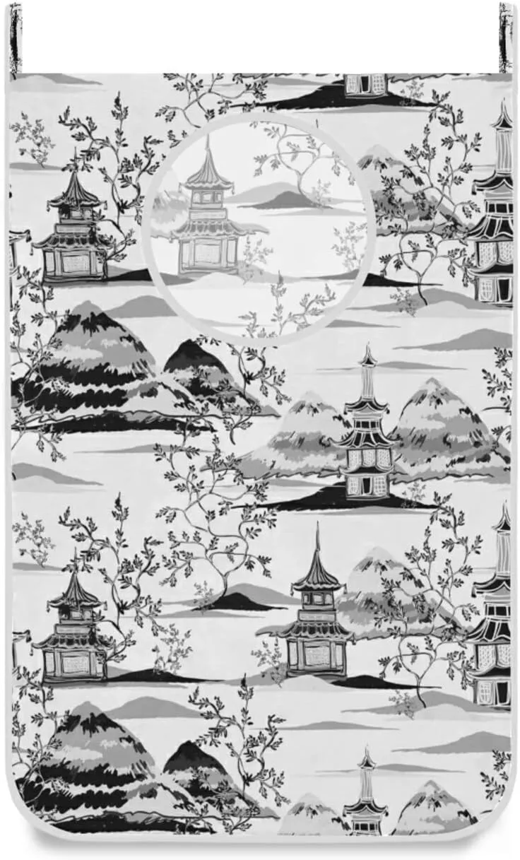 Poeticcity Seamless Black White Grey Doodle Cat Kitten Heads Animal Pets Hanging Laundry Hamper Bag, Dirty Clothes Bag Over The Door, Wall Cloth Basket with Hooks Storage Closet for Bathroom Bedroom