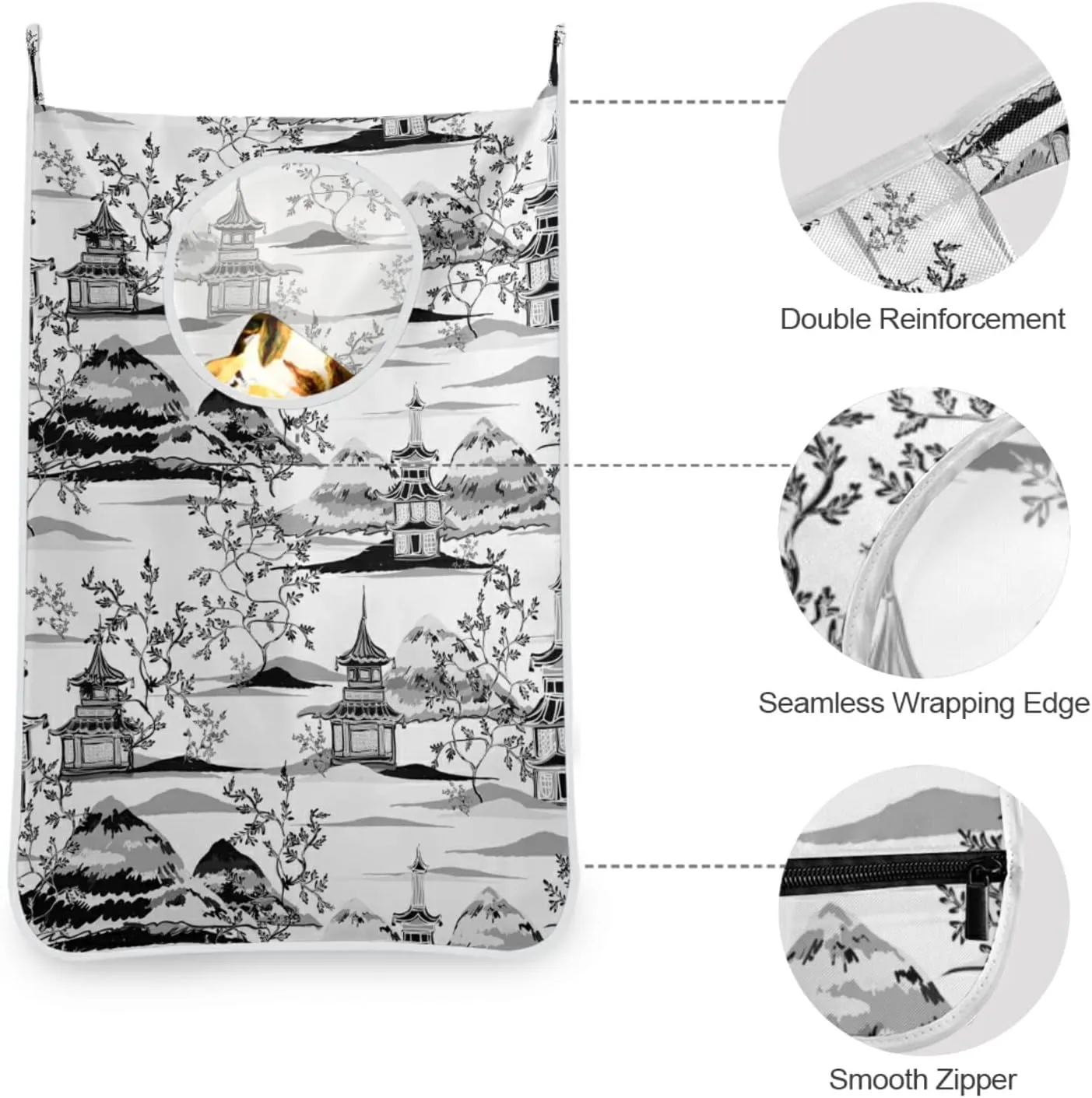 Poeticcity Seamless Black White Grey Doodle Cat Kitten Heads Animal Pets Hanging Laundry Hamper Bag, Dirty Clothes Bag Over The Door, Wall Cloth Basket with Hooks Storage Closet for Bathroom Bedroom