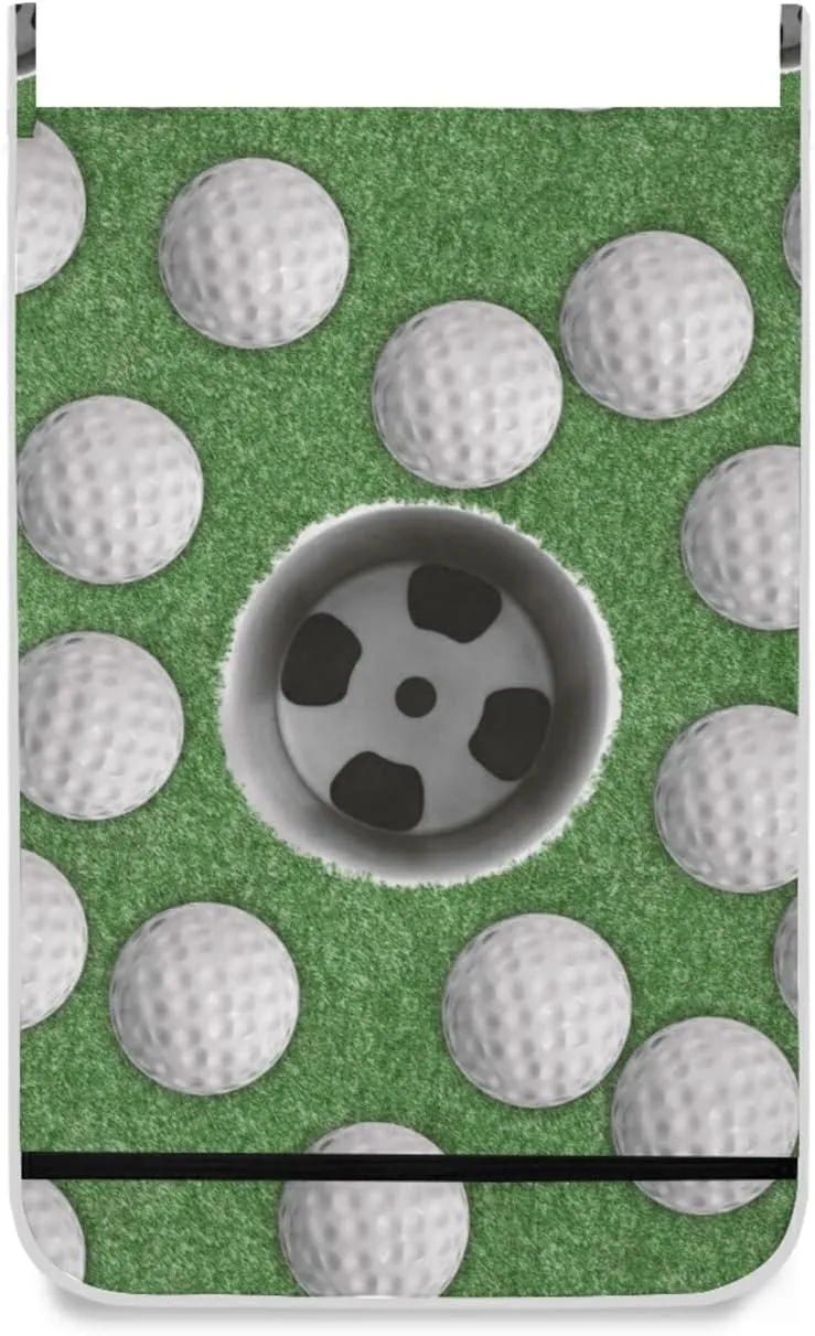 Poeticcity White Golf Balls on Green Missed Target Hanging Laundry Hamper Bag, Dirty Clothes Bag Over The Door, Wall Cloth Basket with Hooks Storage Closet for Bathroom Bedroom