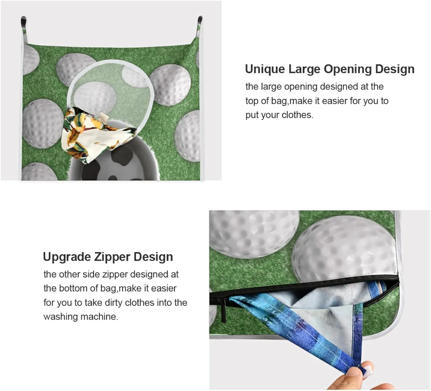 Poeticcity White Golf Balls on Green Missed Target Hanging Laundry Hamper Bag, Dirty Clothes Bag Over The Door, Wall Cloth Basket with Hooks Storage Closet for Bathroom Bedroom