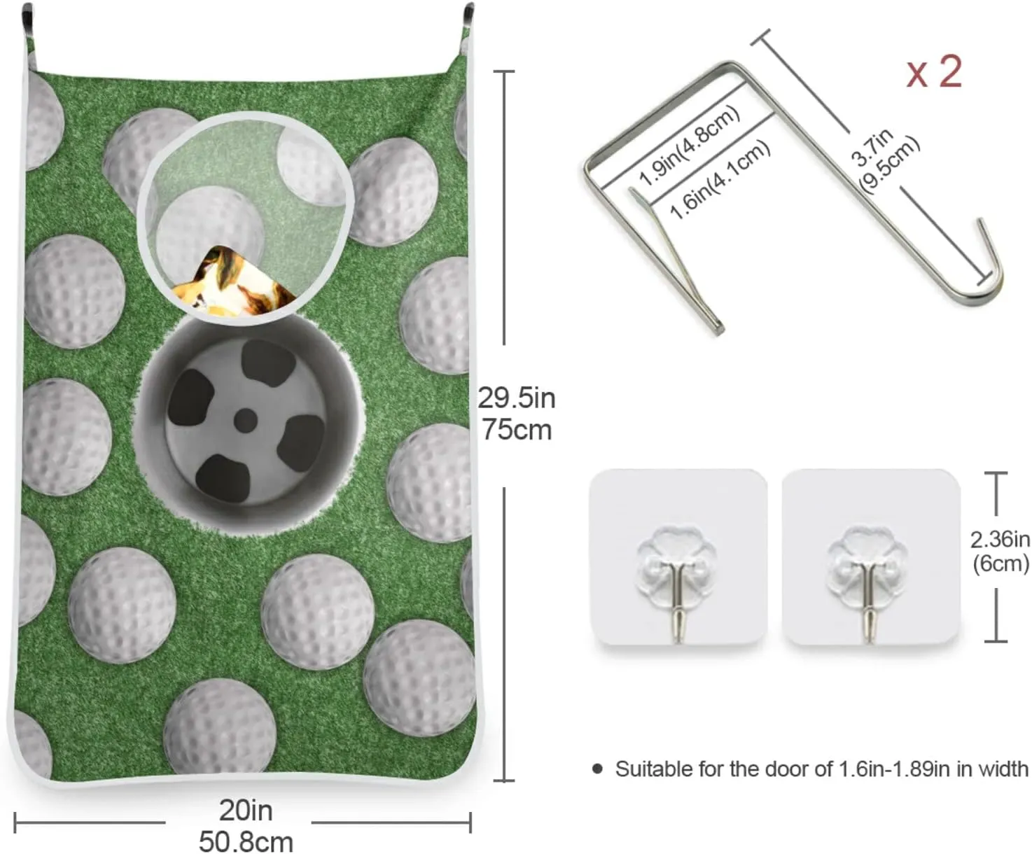 Poeticcity White Golf Balls on Green Missed Target Hanging Laundry Hamper Bag, Dirty Clothes Bag Over The Door, Wall Cloth Basket with Hooks Storage Closet for Bathroom Bedroom