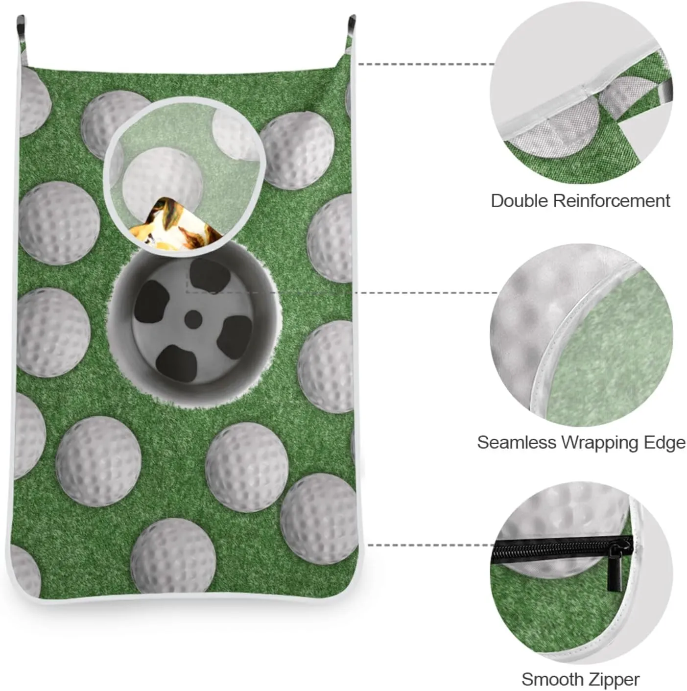 Poeticcity White Golf Balls on Green Missed Target Hanging Laundry Hamper Bag, Dirty Clothes Bag Over The Door, Wall Cloth Basket with Hooks Storage Closet for Bathroom Bedroom
