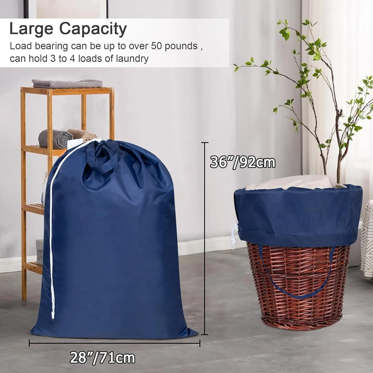 Polecasa Extra Large Heavy Duty Laundry Bag with 130gsm Tear Resistant Fabric and Handles, Easy to Carry Dirty Clothes Drawstring Bag,Perfect for College Dorm, Travel, 2 Pack 28”x36”, Navy