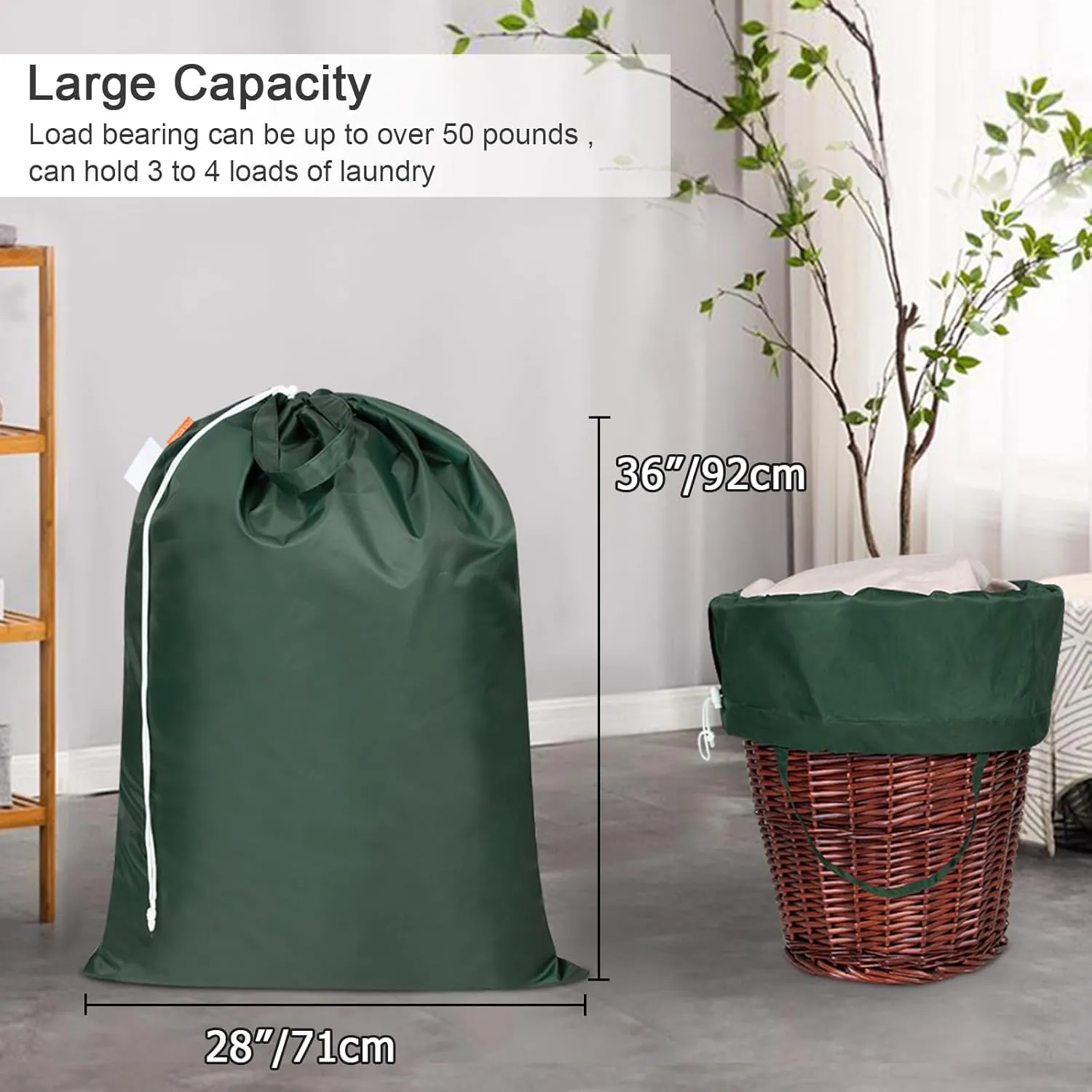 Polecasa Extra Large Heavy Duty Laundry Bag with 130gsm Tear Resistant Fabric and Handles, Easy to Carry Durable Dirty Clothes Drawstring Bag, Perfect for College Dorm,Travel, 2 Pack 28”x36”,Green