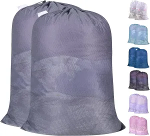 Polecasa Heavy Duty Large Mesh Laundry Bags with ID Tag and Locking Drawstring Closure - 2 Pack, 24 x 36 inches - Laundry Hamper Liner, Washable Laundry Bag for Travel, Sports, Dorms (Grey)
