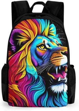 Polyester Daypack Bookbag for Gym Business Bicycle - Large Capacity Multipurpose Anti-Theft Carry On Bag, Cool Lion In The Universe Surreal Style Splatter Art Travel Hiking Daypack
