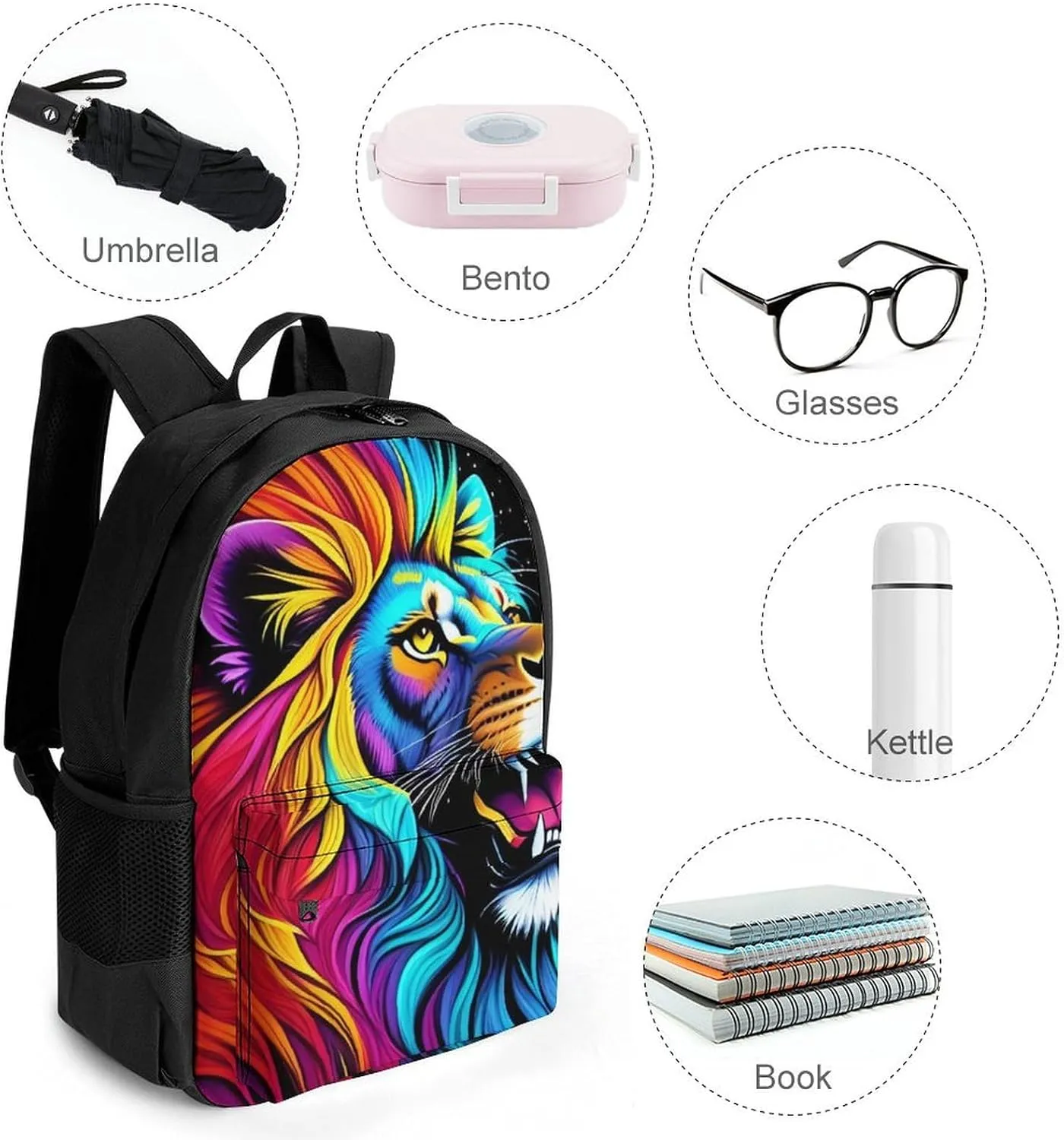 Polyester Daypack Bookbag for Gym Business Bicycle - Large Capacity Multipurpose Anti-Theft Carry On Bag, Cool Lion In The Universe Surreal Style Splatter Art Travel Hiking Daypack