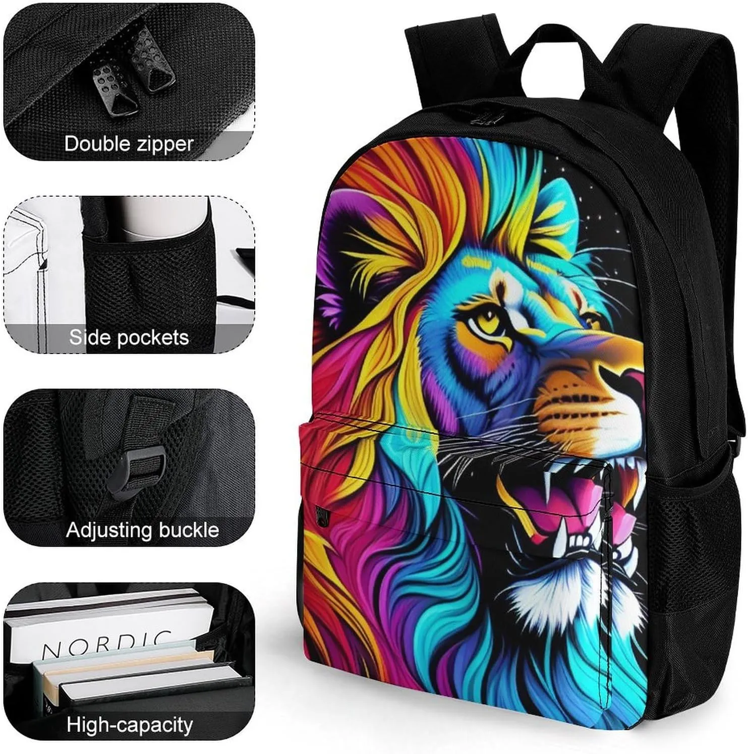 Polyester Daypack Bookbag for Gym Business Bicycle - Large Capacity Multipurpose Anti-Theft Carry On Bag, Cool Lion In The Universe Surreal Style Splatter Art Travel Hiking Daypack