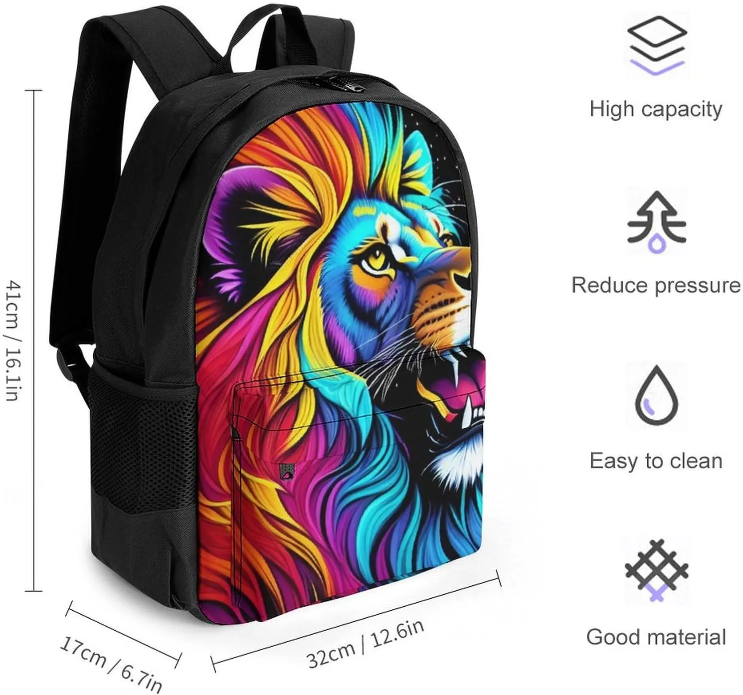 Polyester Daypack Bookbag for Gym Business Bicycle - Large Capacity Multipurpose Anti-Theft Carry On Bag, Cool Lion In The Universe Surreal Style Splatter Art Travel Hiking Daypack