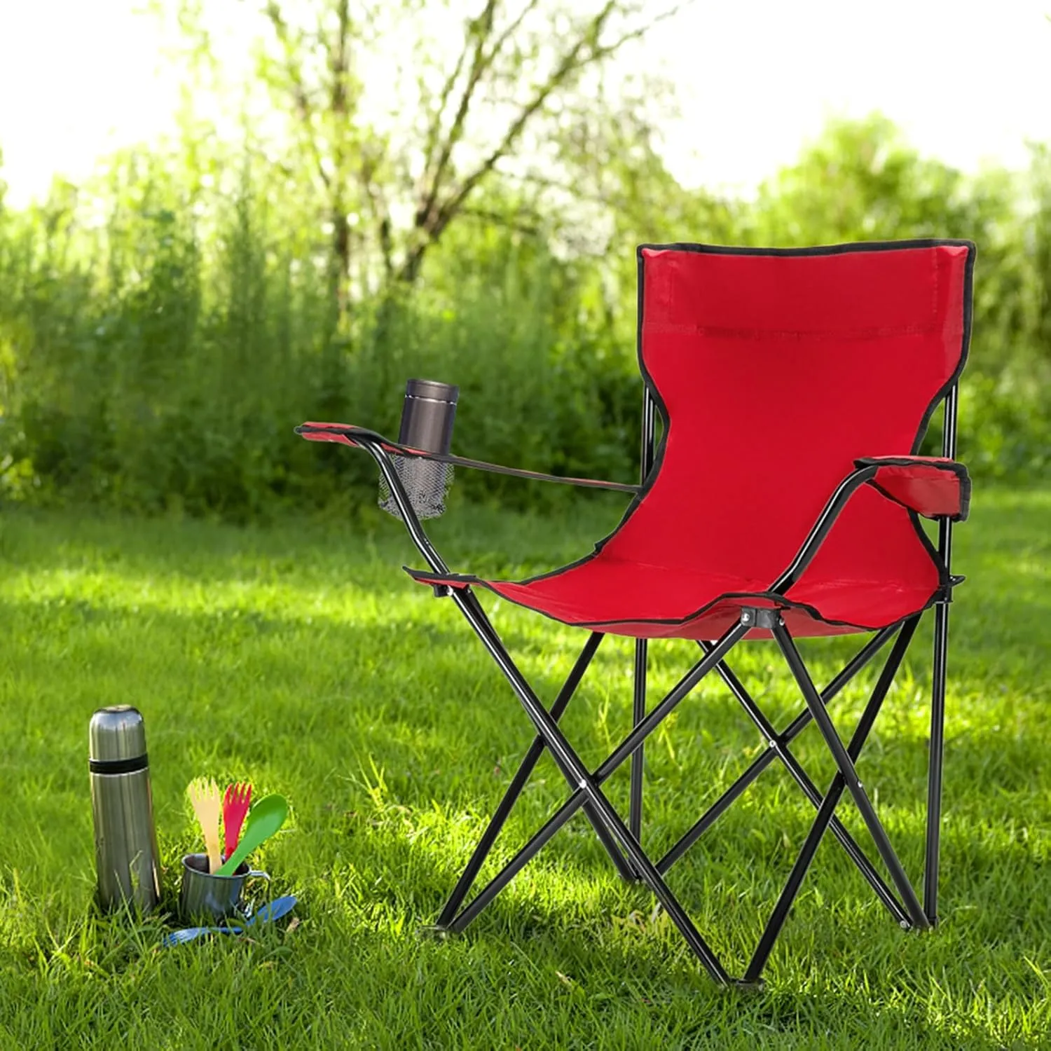 Portable Camping Chairs for Adults, Small Outdoor Lightweight Folding Chair with Cup Holder with Carrying Bag, Compact, Durable - Ideal for Hiking, Backpacking, Beach, and Picnics, Red