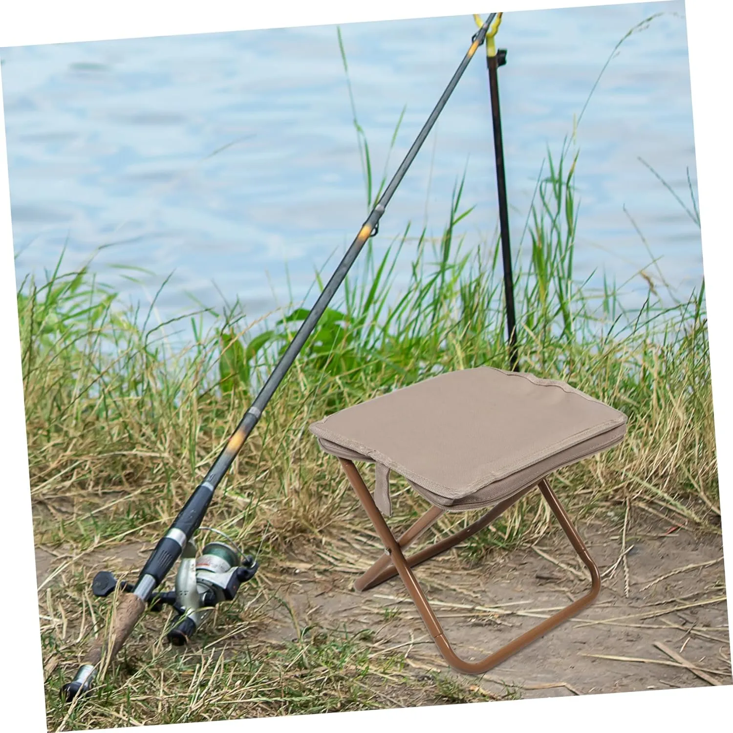 Portable Folding Camping Stool Lightweight Khaki Step Stool Zipper Bag for BBQ Fishing Sports Events and Picnics Oxford Material -Skid Design Easy to Carry