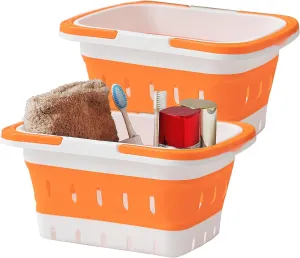 Portable Folding Plastic Bath Caddy with Handle, Perforated, Travel Bathroom Organizer for Bedroom, Bathroom, Shower, Dorm Room, Camping and RV Use (Orange, 2 pack)