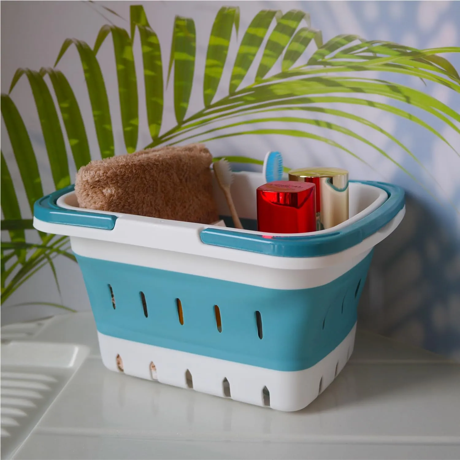 Portable Folding Plastic Bath Caddy with Handle, Perforated, Travel Bathroom Organizer for Bedroom, Bathroom, Shower, Dorm Room, Camping and RV Use (Orange, 2 pack)