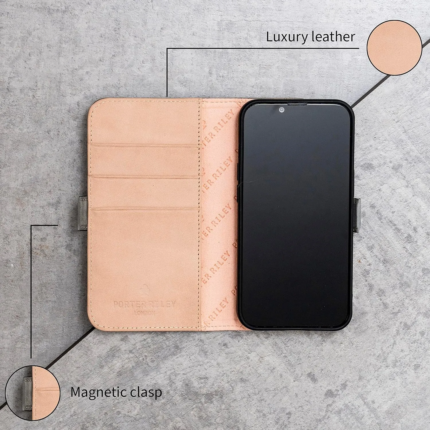 Porter Riley - Leather Case for iPhone 14. Premium Genuine Leather Stand/Cover/Wallet/Flip Case with [Card Slots] [Horizontal Stand] [Durable Frame] (Grey/Pink)
