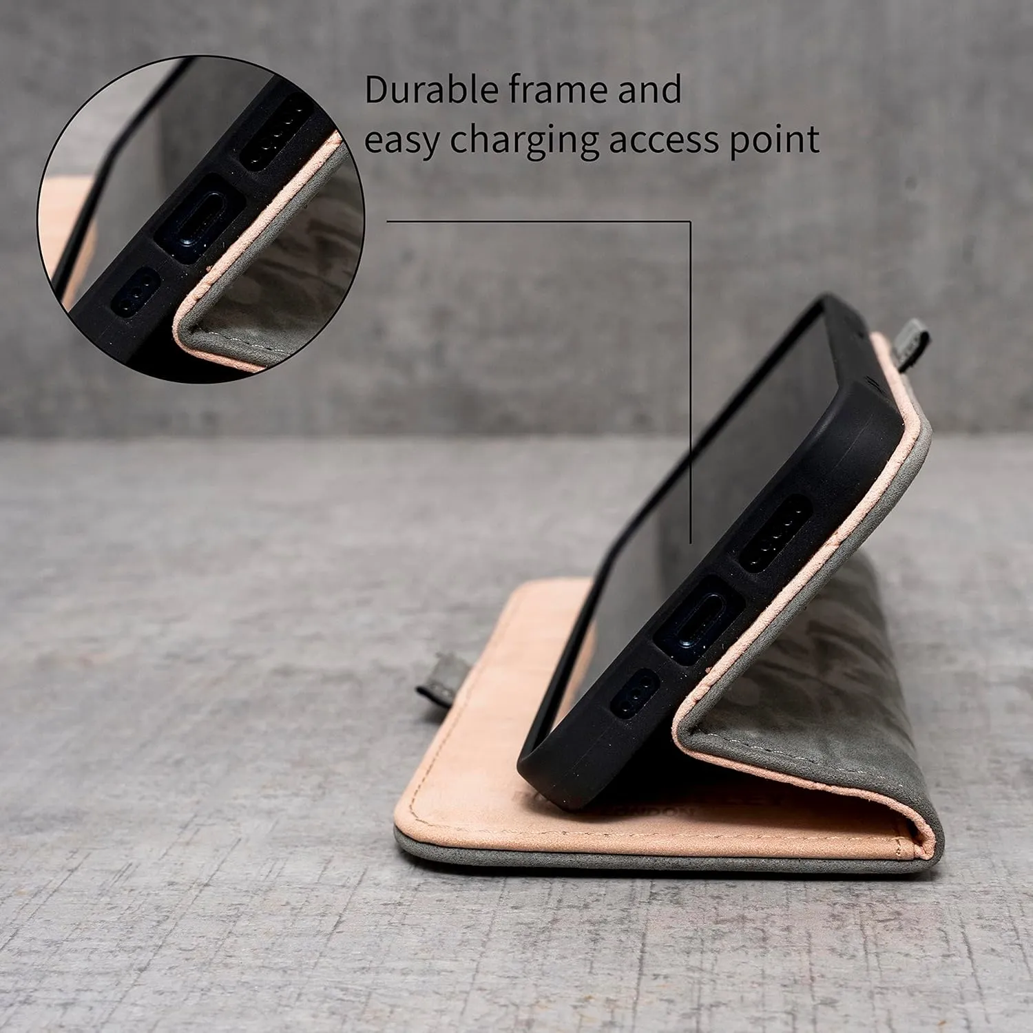 Porter Riley - Leather Case for iPhone 14. Premium Genuine Leather Stand/Cover/Wallet/Flip Case with [Card Slots] [Horizontal Stand] [Durable Frame] (Grey/Pink)