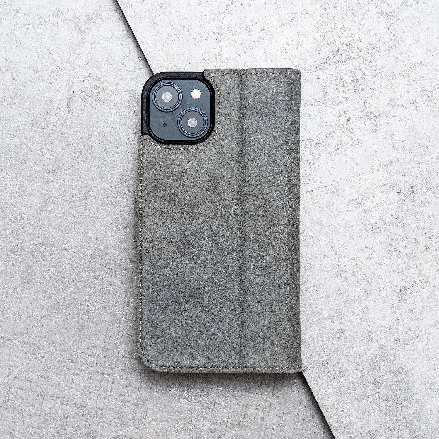 Porter Riley - Leather Case for iPhone 14. Premium Genuine Leather Stand/Cover/Wallet/Flip Case with [Card Slots] [Horizontal Stand] [Durable Frame] (Grey/Pink)