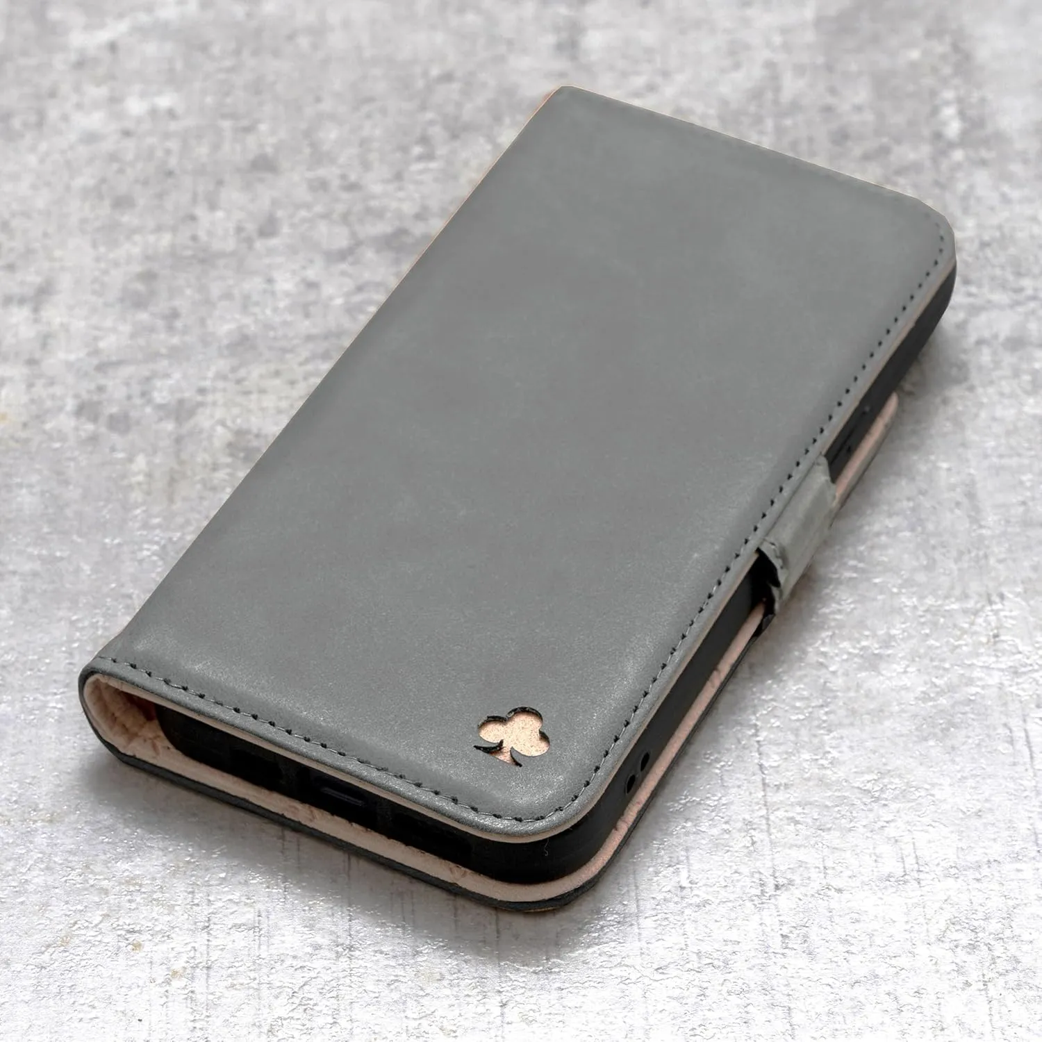 Porter Riley - Leather Case for iPhone 14. Premium Genuine Leather Stand/Cover/Wallet/Flip Case with [Card Slots] [Horizontal Stand] [Durable Frame] (Grey/Pink)