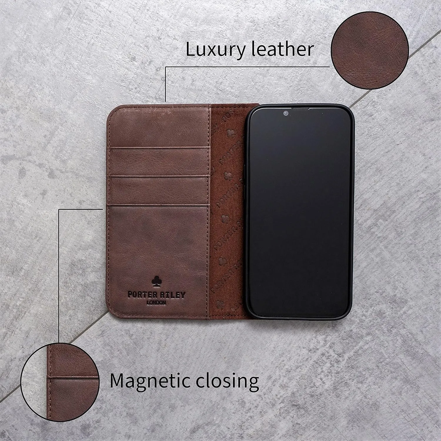 Porter Riley - Leather Case for iPhone SE 2022/20 and iPhone 8 / iPhone 7. Premium Genuine Leather Stand/Cover/Wallet/Flip Case with Card Slots & Horizontal Stand (Chocolate Brown)