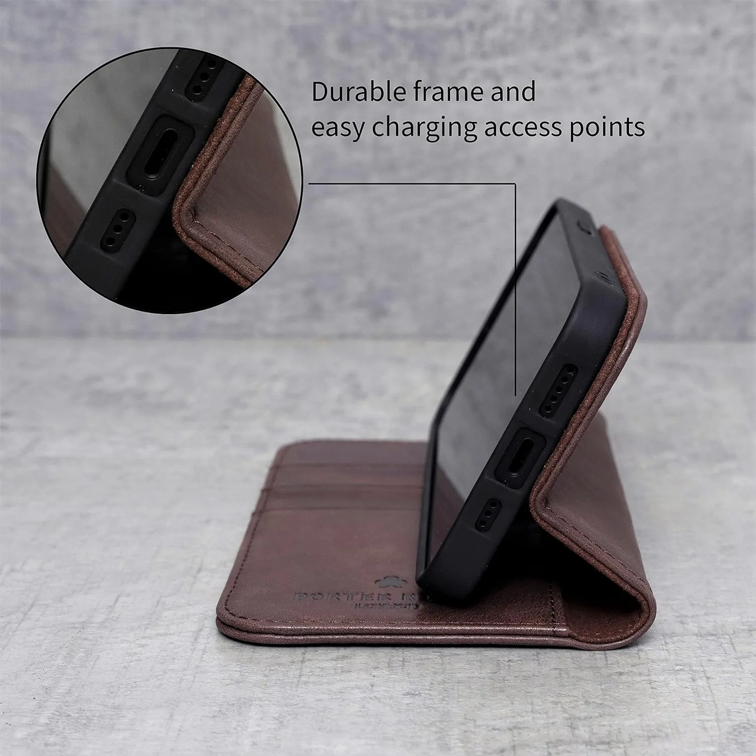 Porter Riley - Leather Case for iPhone SE 2022/20 and iPhone 8 / iPhone 7. Premium Genuine Leather Stand/Cover/Wallet/Flip Case with Card Slots & Horizontal Stand (Chocolate Brown)