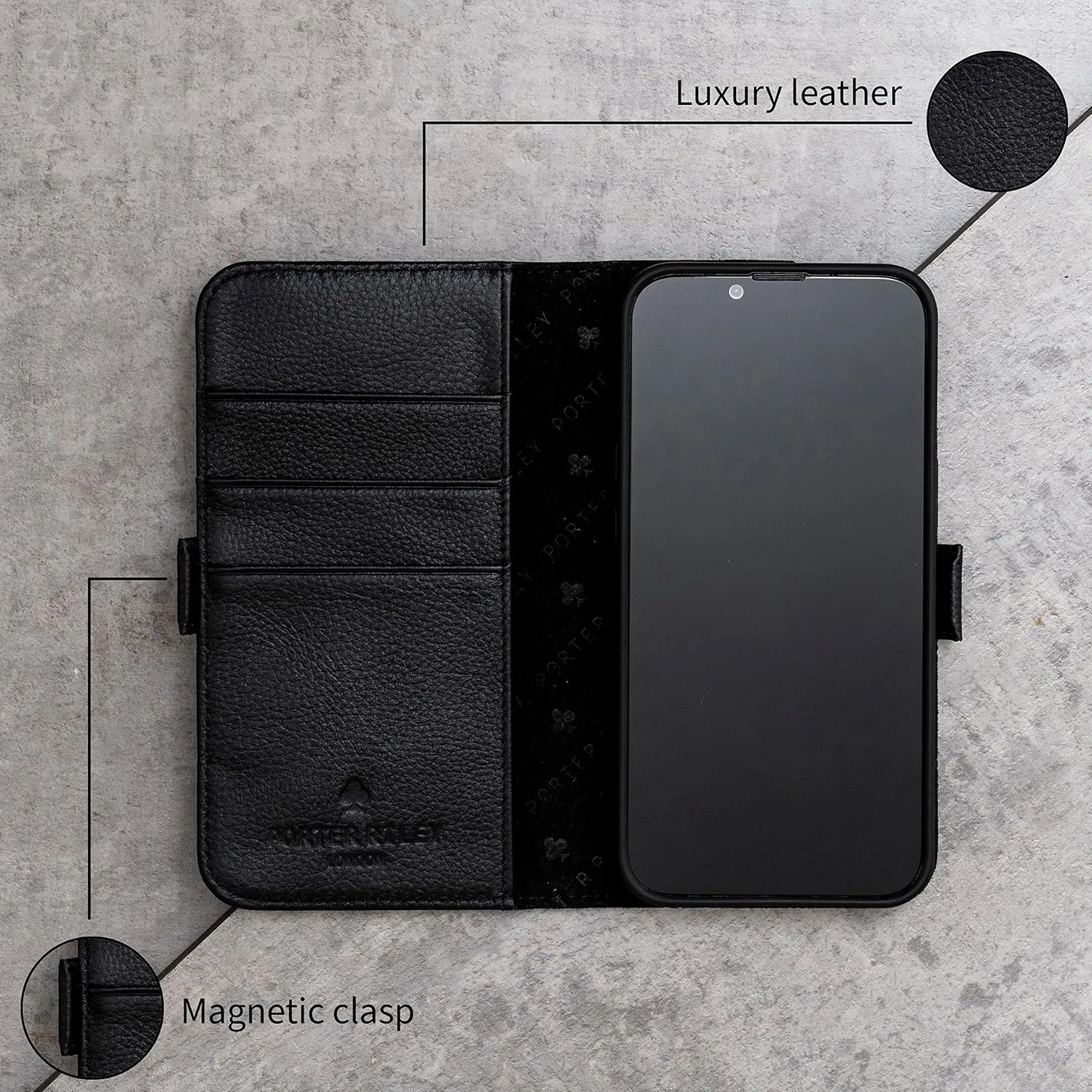 Porter Riley - Leather Case for Samsung Galaxy S24 Plus. Premium Genuine Leather Stand Case/Wallet/Cover (Pure Black)