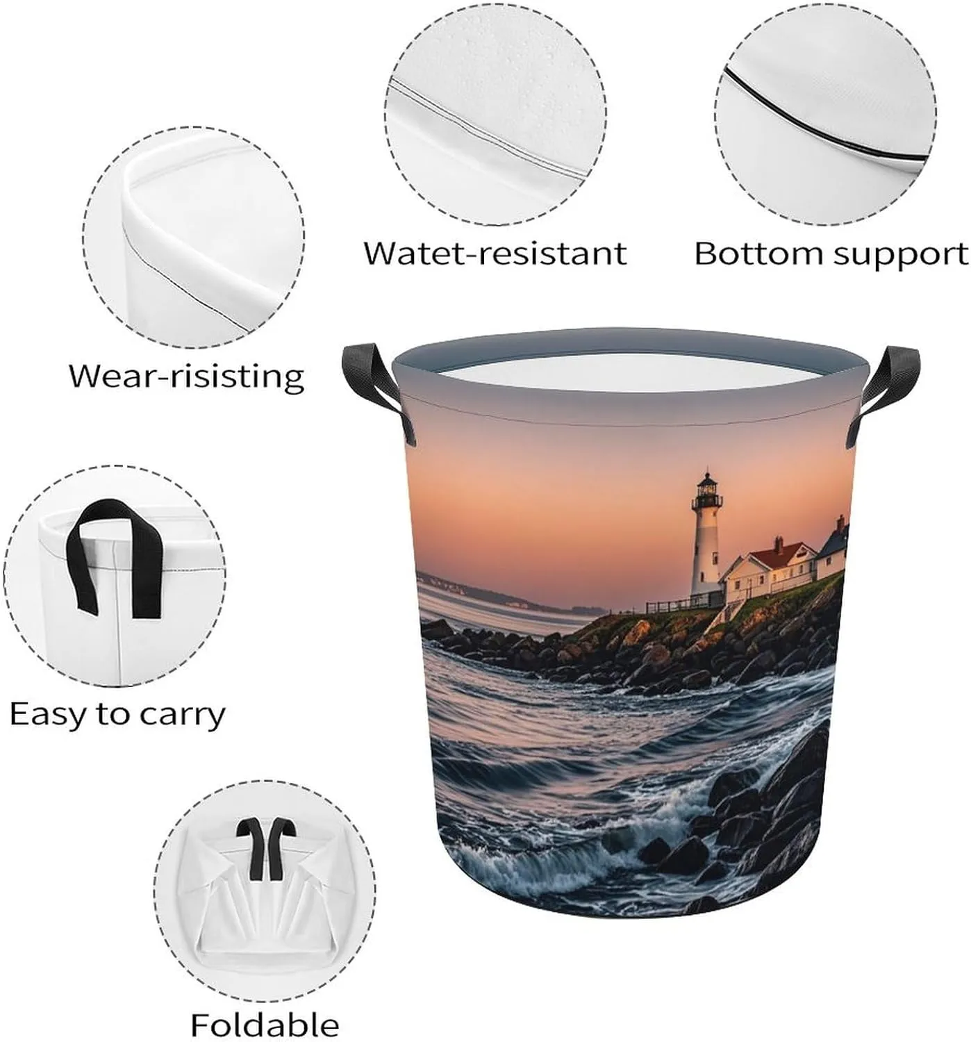 Portland River Lighthouse Sunrise Large Foldable Laundry Basket Waterproof Lightweight Laundry Hamper Storage Bin Clothes Toys Organizer Bag with Handles for Home Bathroom Bedroom Dorm，44x35cm