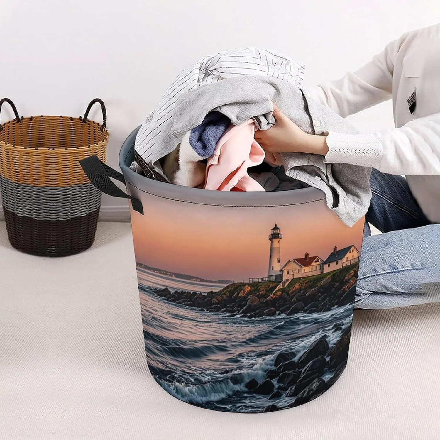 Portland River Lighthouse Sunrise Large Foldable Laundry Basket Waterproof Lightweight Laundry Hamper Storage Bin Clothes Toys Organizer Bag with Handles for Home Bathroom Bedroom Dorm，44x35cm