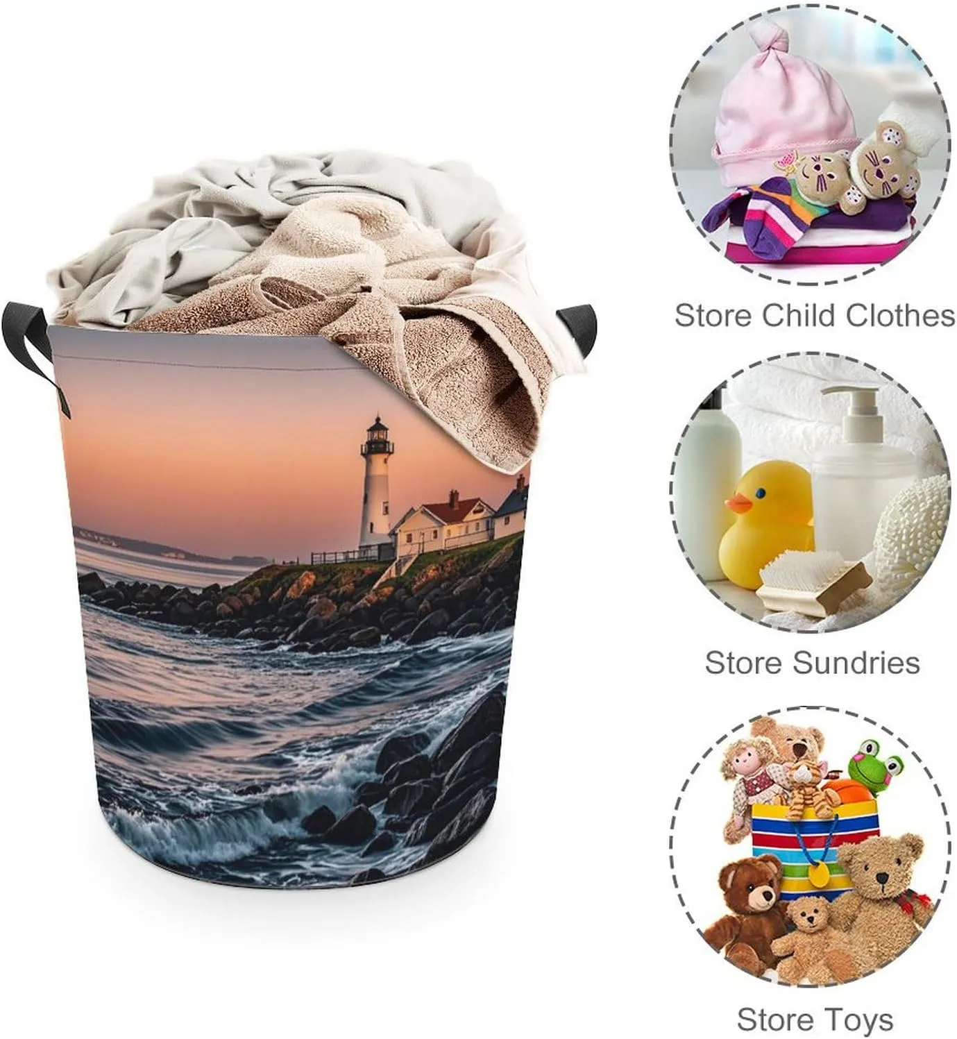 Portland River Lighthouse Sunrise Large Foldable Laundry Basket Waterproof Lightweight Laundry Hamper Storage Bin Clothes Toys Organizer Bag with Handles for Home Bathroom Bedroom Dorm，44x35cm