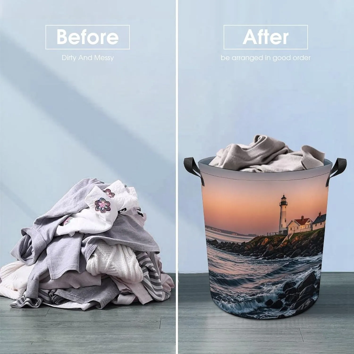 Portland River Lighthouse Sunrise Large Foldable Laundry Basket Waterproof Lightweight Laundry Hamper Storage Bin Clothes Toys Organizer Bag with Handles for Home Bathroom Bedroom Dorm，44x35cm