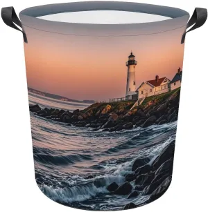 Portland River Lighthouse Sunrise Large Foldable Laundry Basket Waterproof Lightweight Laundry Hamper Storage Bin Clothes Toys Organizer Bag with Handles for Home Bathroom Bedroom Dorm，44x35cm