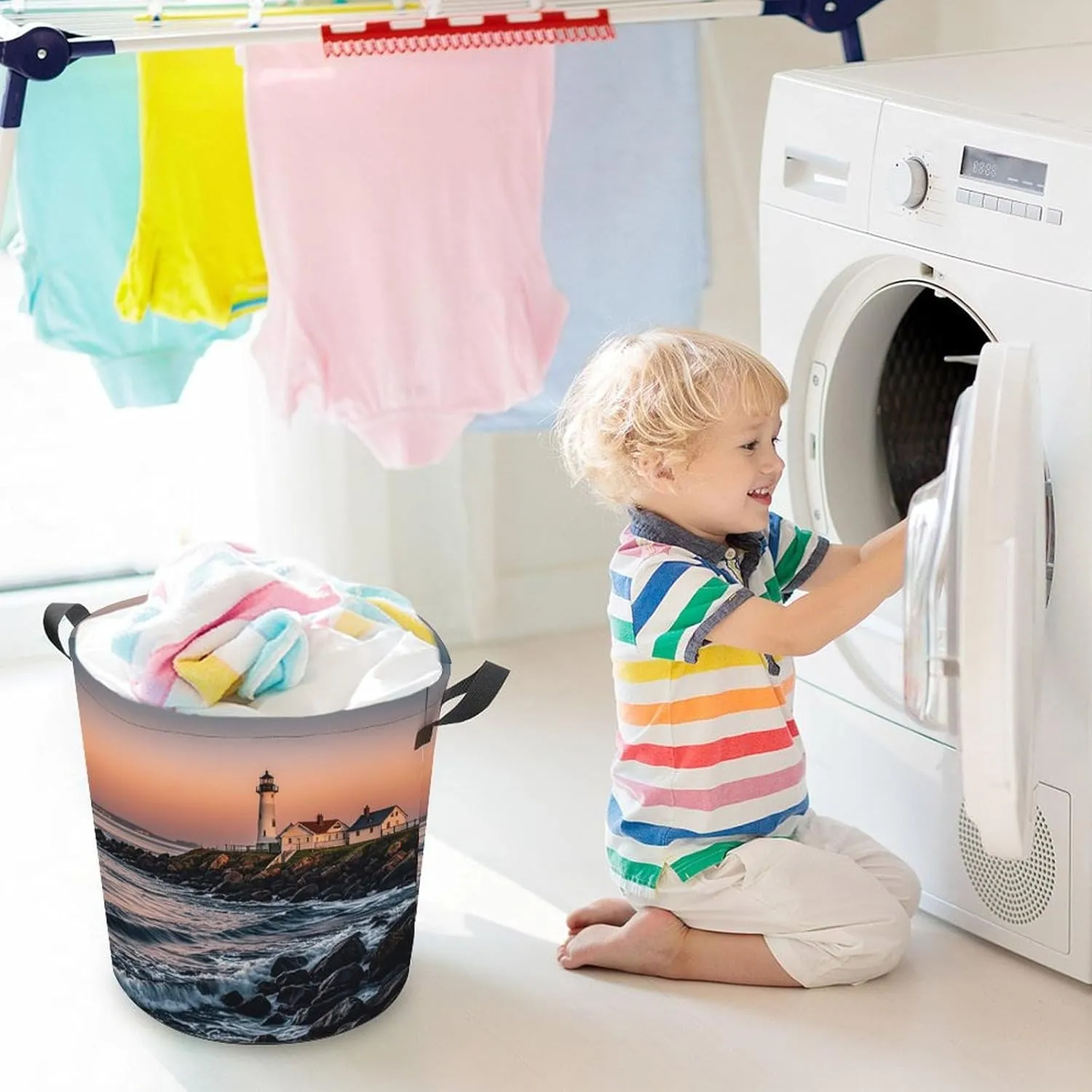 Portland River Lighthouse Sunrise Large Foldable Laundry Basket Waterproof Lightweight Laundry Hamper Storage Bin Clothes Toys Organizer Bag with Handles for Home Bathroom Bedroom Dorm，44x35cm