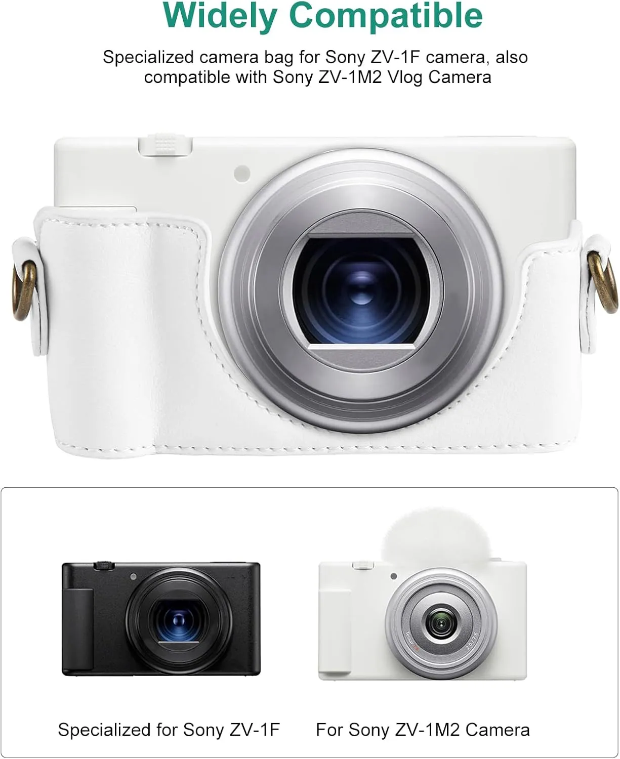PULUZ Digital Camera Case for Sony ZV-1F Vlog Camera,Full Body Leather Camera Bag with Sony ZV-1F Case Shoulder Strap-Travel Protective Carrying Storage Bag (White)