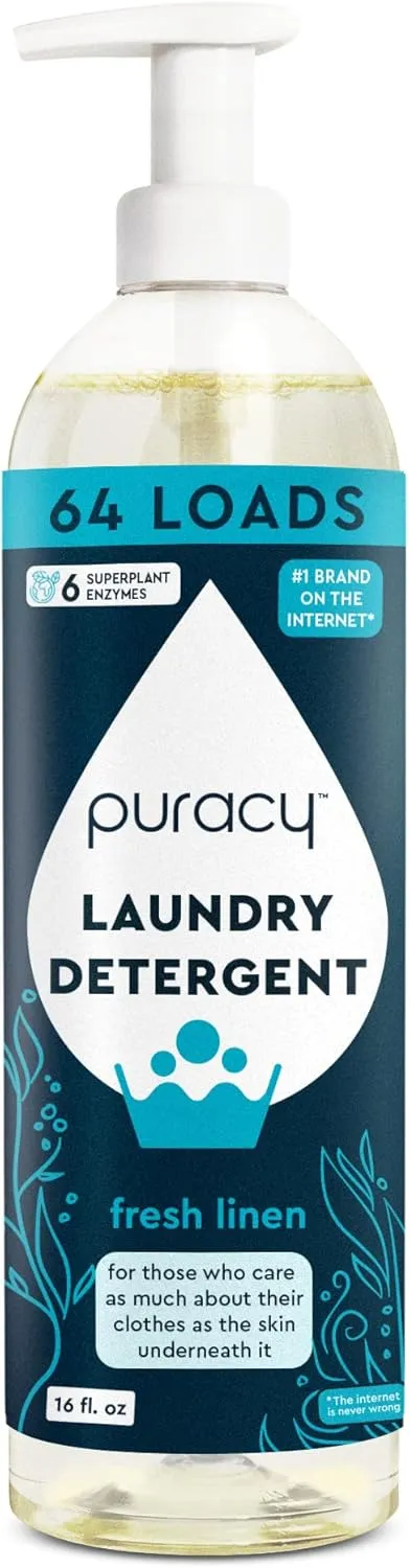 Puracy Laundry Detergent - Enzyme-Powered Liquid Laundry Detergent Concentrate, Natural Laundry Detergent Seen on TikTok, Non-Toxic (Fresh Linen, 16 fl oz, 64 Loads)