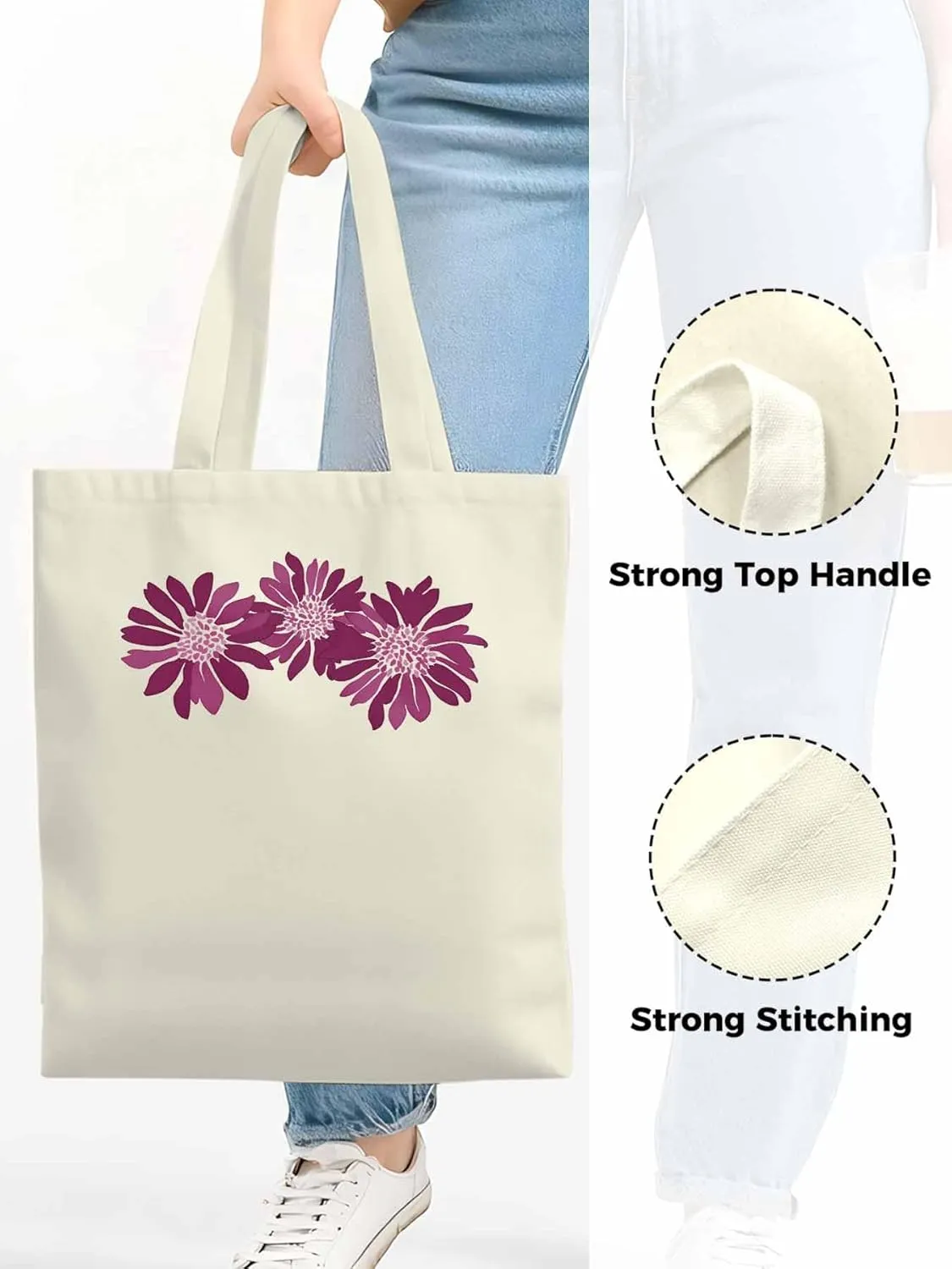 Purple Botanical Flowers Canvas Tote Bag, Aesthetic Canvas Tote Handbags for Women Shoulder Bag
