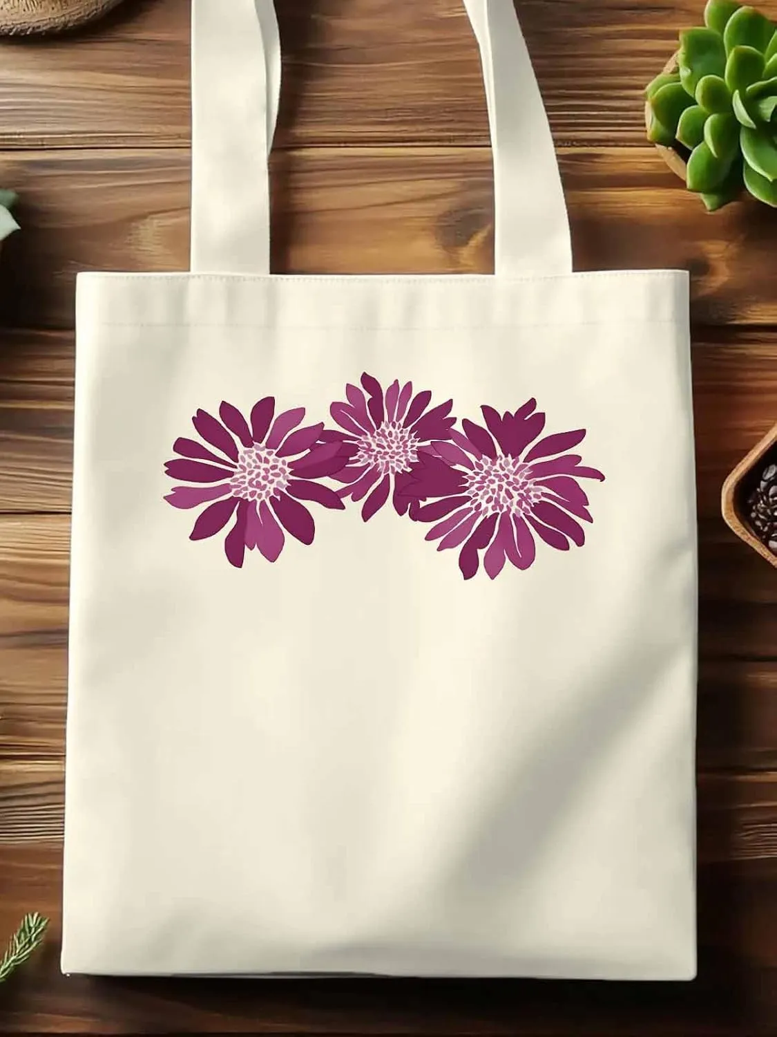 Purple Botanical Flowers Canvas Tote Bag, Aesthetic Canvas Tote Handbags for Women Shoulder Bag