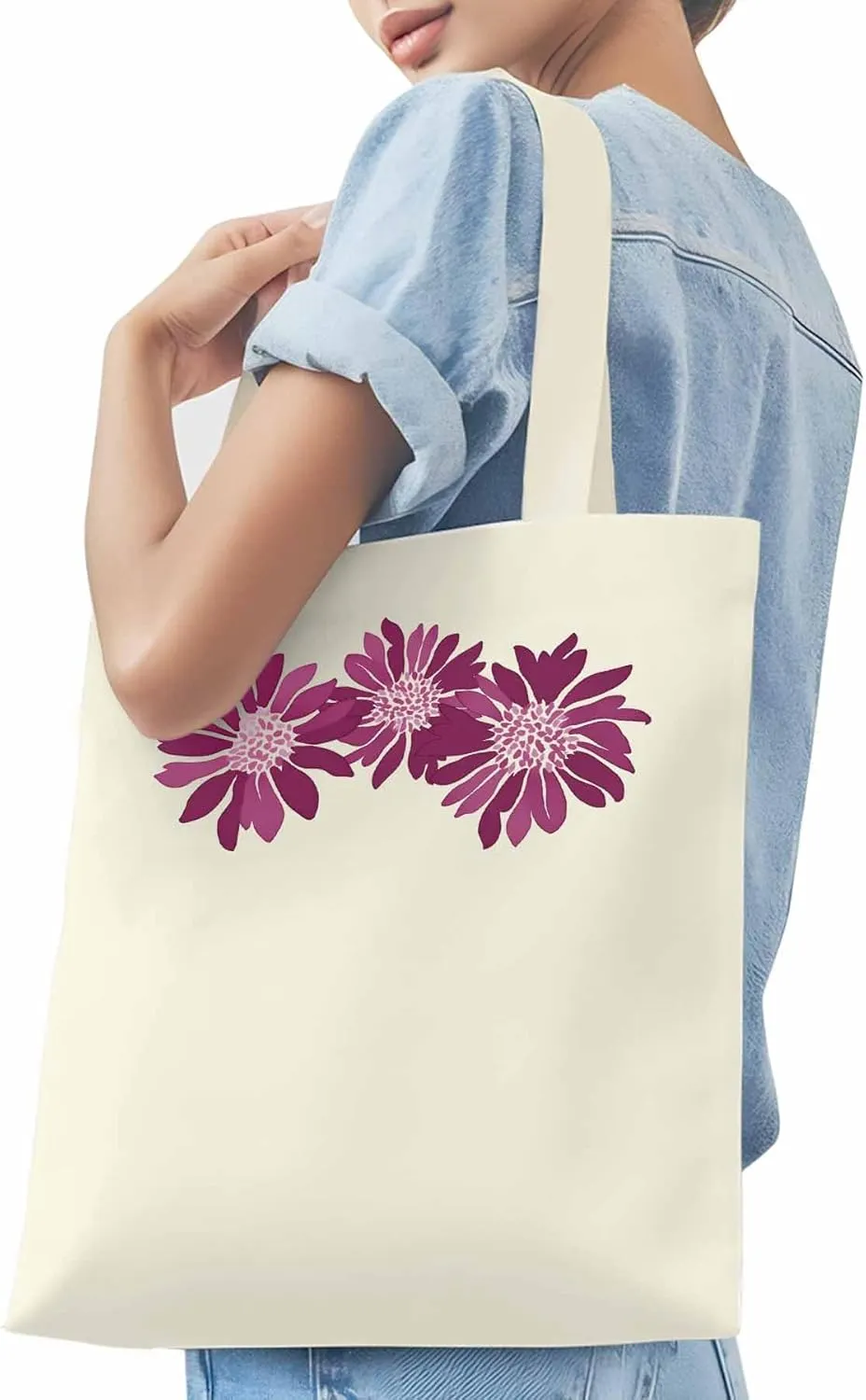 Purple Botanical Flowers Canvas Tote Bag, Aesthetic Canvas Tote Handbags for Women Shoulder Bag